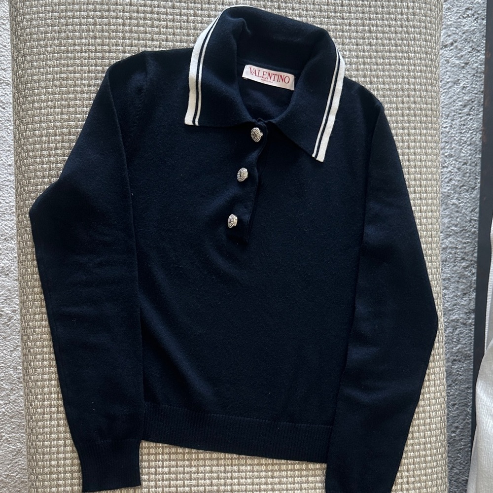 Valentino navy Sweater with White Accents 3 button front